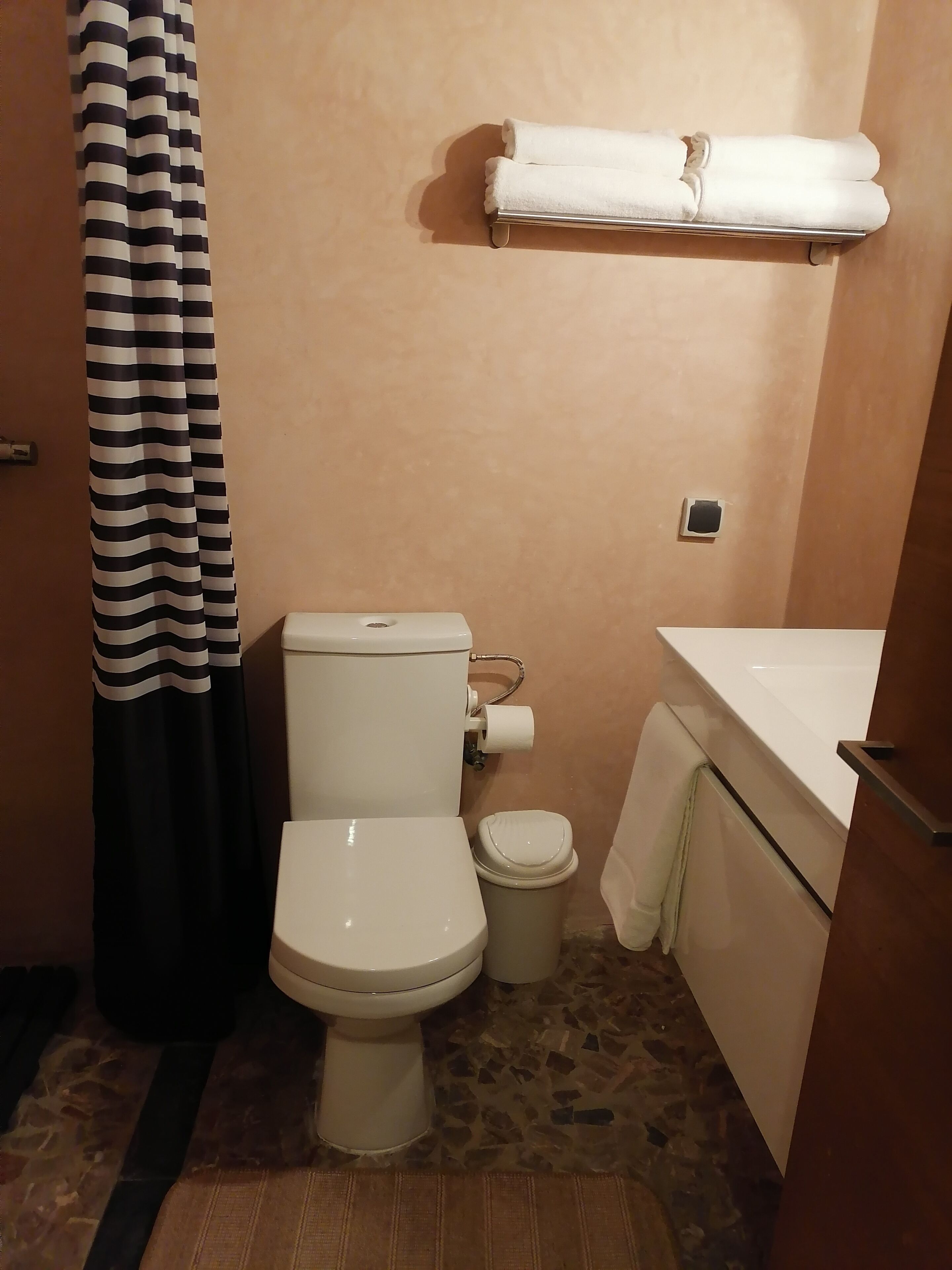 A bathroom with a toilet, a sink, a towel rack, and a shower curtain.