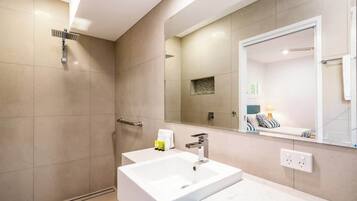 Shower, hair dryer, shampoo