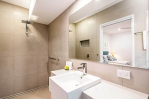 Shower, hair dryer, shampoo