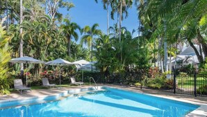 Une piscine entourée de palmiers et de verdure, avec des chaises longues et des parasols.