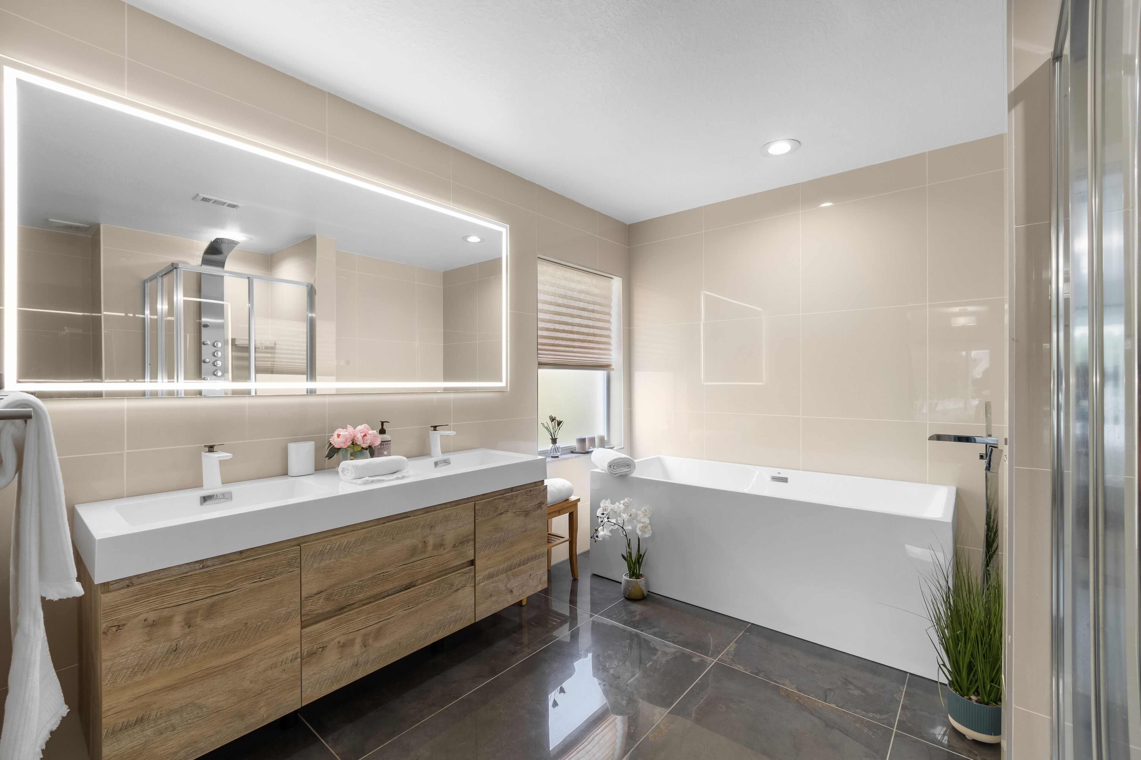 Rainfall showerhead, hair dryer, towels, soap