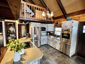 Fridge, microwave, oven, stovetop - "Family Cabin: Hot Tub, Golf, Games, Sunset, Pet!" (Castleton-on-Hudson)