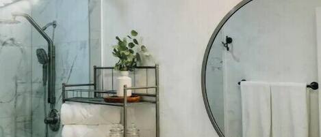 Hair dryer, towels, soap, toilet paper