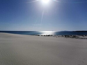 A vast sandy landscape with a clear sky and a calm sea.