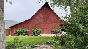 A red barn with a stone pathway leading to it, surrounded by greenery and a tree.