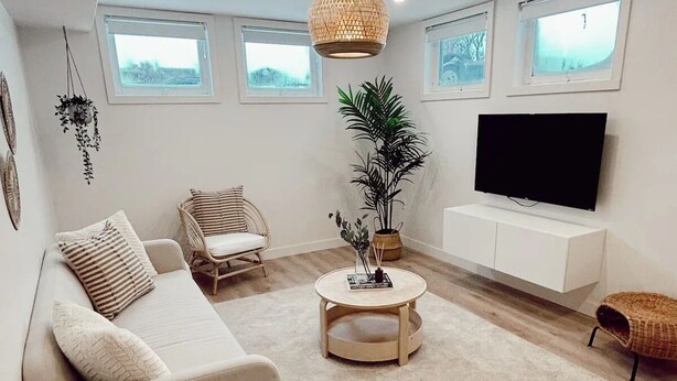 A modern living room with a sofa, a round coffee table, a hanging plant, a television, and a large window. - The California Suite (Fort St. John)