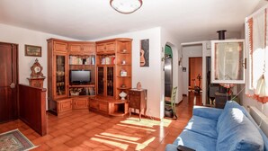 Un salon avec un canapé bleu, des meubles en bois, un téléviseur et une cheminée.