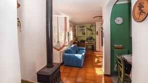 Un salon avec un canapé bleu, un poêle noir et un mur vert orné d’une horloge.