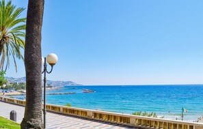 A coastal promenade with a clear view of the sea, a lamp post, and a palm tree. - Beach front apartment in Ventimiglia (Ventimiglia)