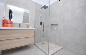 Combined shower/tub, hair dryer