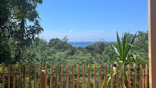 A view through a bamboo fence with a clear sky and distant landscape. - Le Cycas, a new mobile home with sea view (Hyères)