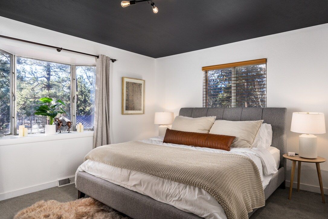 A bedroom with a large bed, two bedside lamps, a window with a view of trees, and a ceiling light fixture.