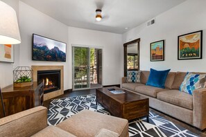 Smart TV, fireplace, books, video library