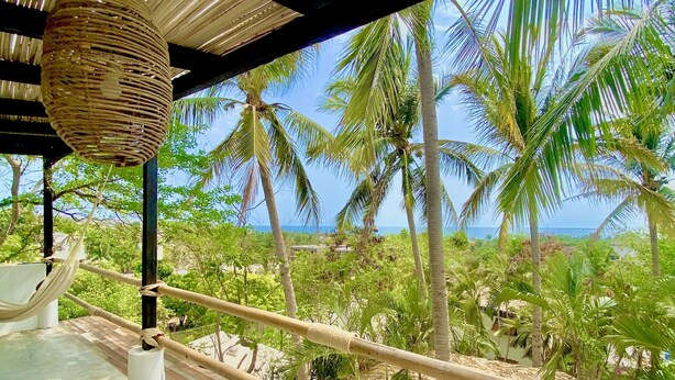 A hammock under a thatched roof, overlooking a tropical landscape with palm trees and a view of the ocean. - El Eden Escondido (Puerto Escondido)