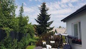 Ein Wohngarten mit verschiedenen Pflanzen, einem hohen immergrünen Baum und einem weißen Haus mit Fenster und Sitzgelegenheit.