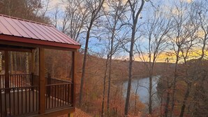 Une terrasse en bois avec une rambarde en métal, donnant sur une zone boisée avec un lac.