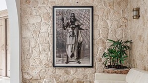 Una sala de estar con pared de piedra, ventilador de techo, un cuadro enmarcado, una mesa de centro de vidrio, un sofá blanco y una planta en maceta.