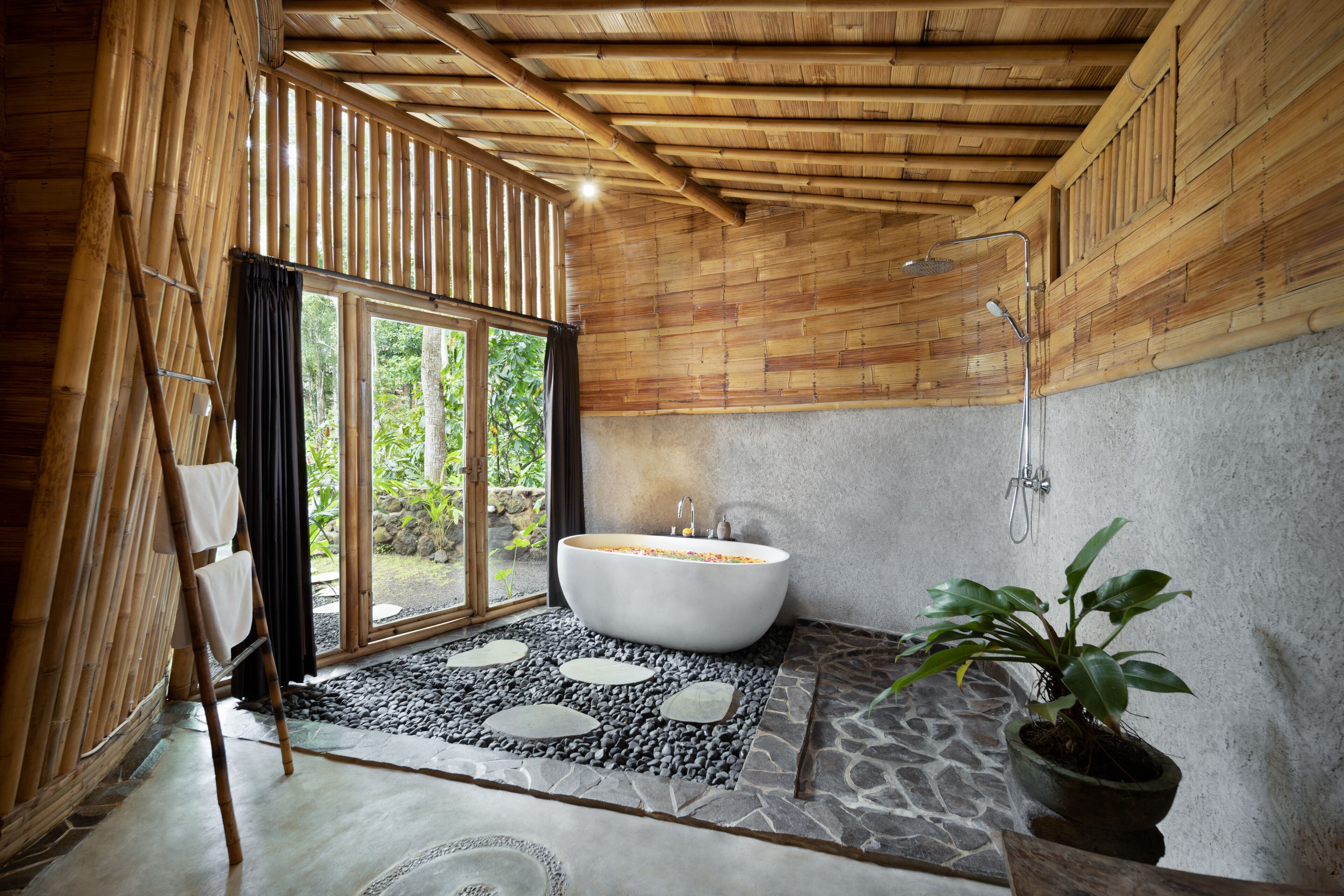 One Bedroom Bamboo Villa with Pool | Bathroom | Deep soaking tub, rainfall showerhead, slippers, bidet