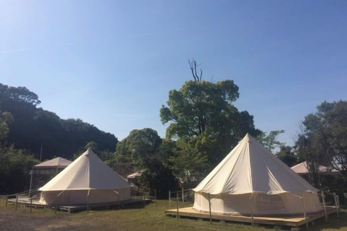 Two large, white tents with a flat base, surrounded by trees and a clear sky.