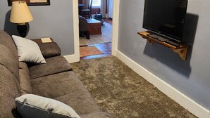 A living room with a grey carpet, a brown sofa, a mounted TV, and a ceiling light. - Large spacious room 5 minutes walk to historic downtown Manistee (Manistee)