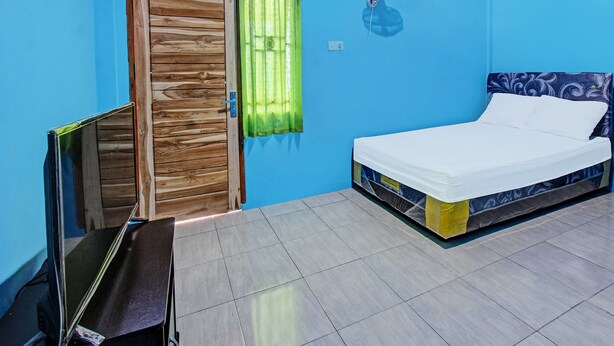 A room with a bed, a wooden door, and a green curtain.