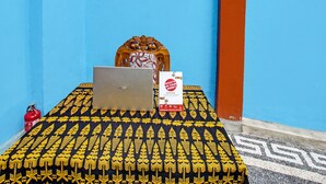 A bed with a laptop and a brochure on it, against a blue wall with a geometric pattern.