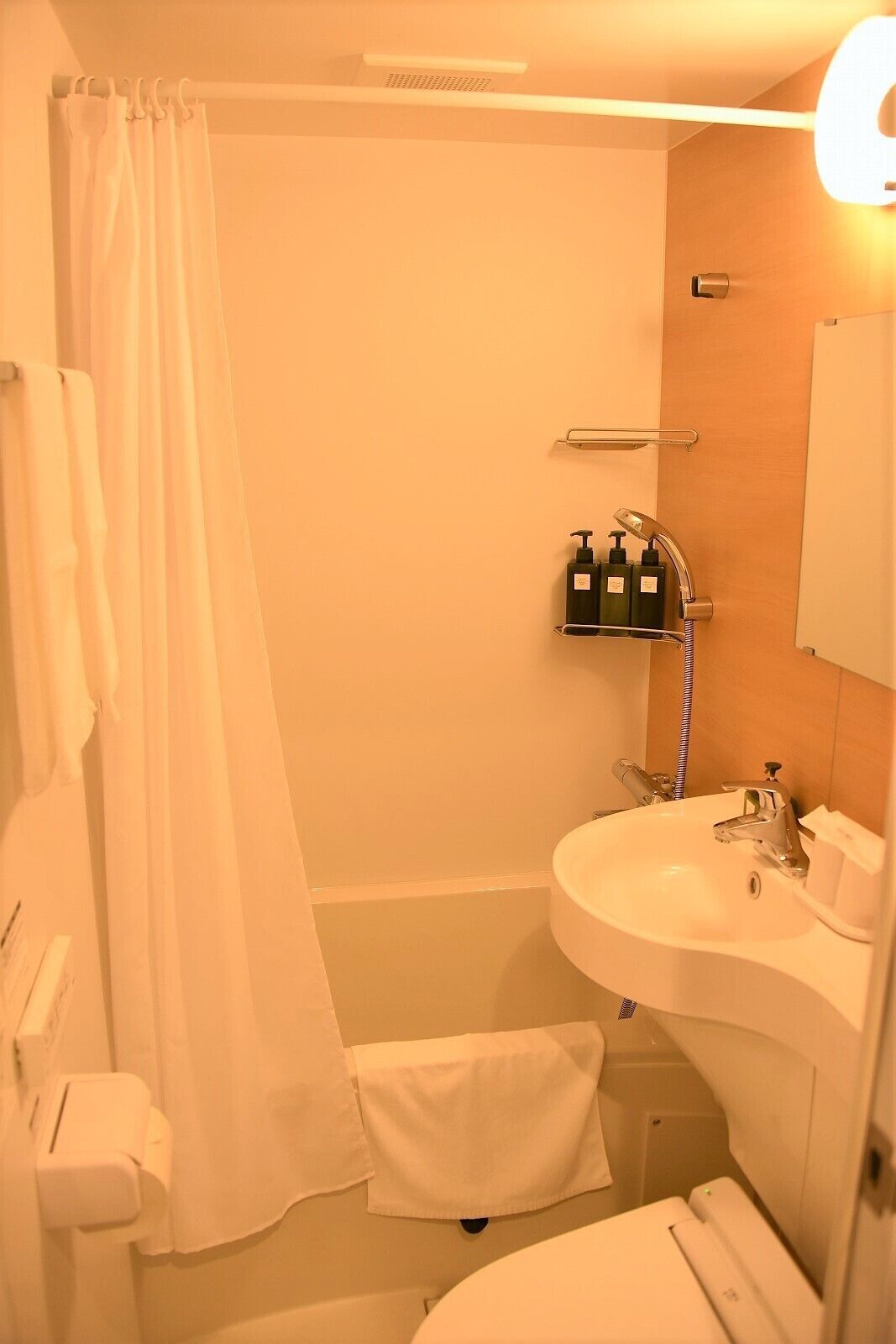 Ein Badezimmer mit Dusche, Toilette, Waschbecken und Handtuchhalter.