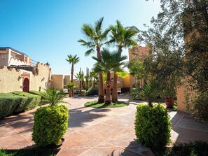 A courtyard with palm trees, a paved walkway, and traditional architecture.