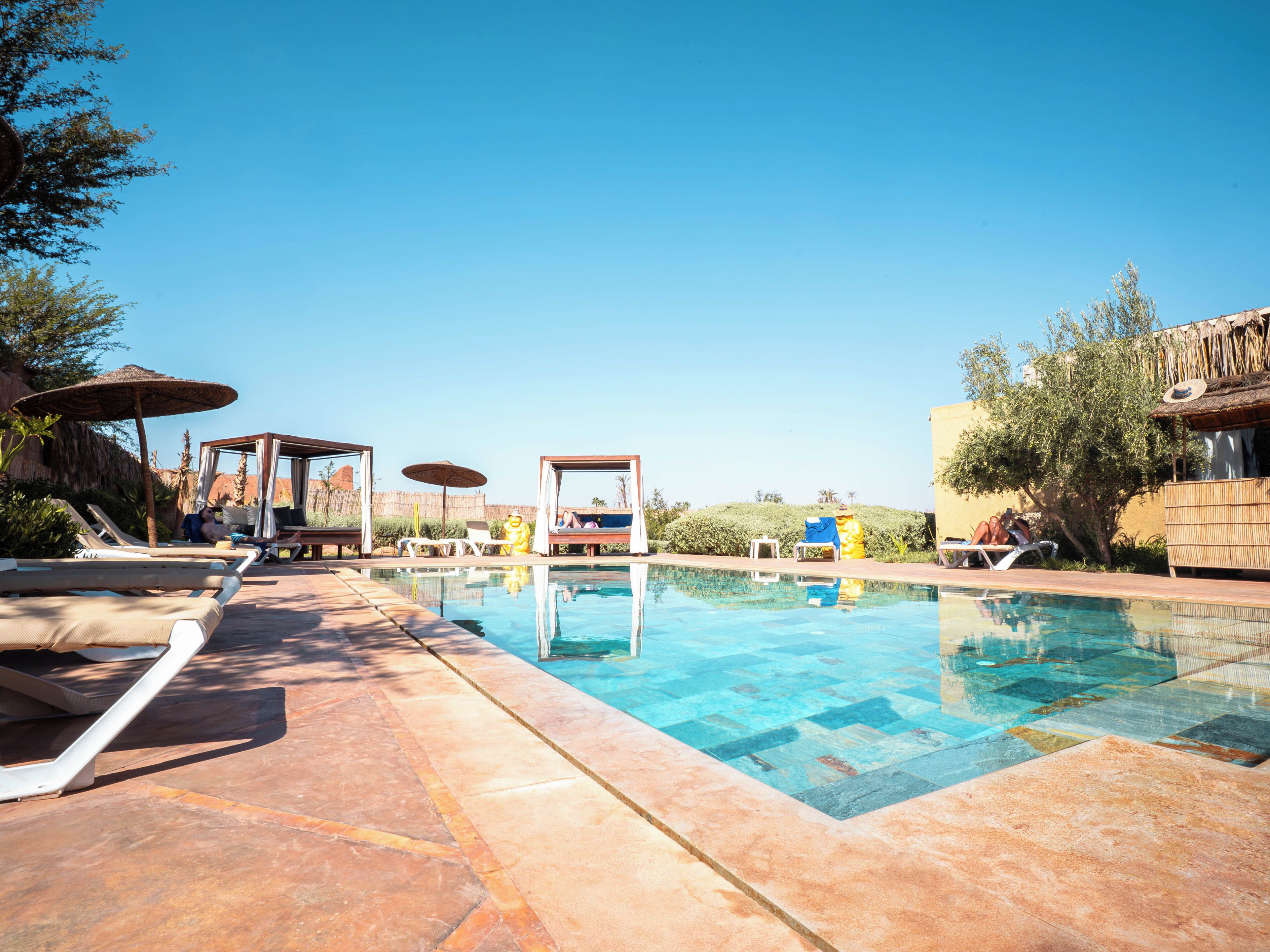 A swimming pool with lounge chairs and umbrellas, surrounded by vegetation and a clear sky.