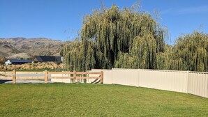 Ein umzäunter Garten mit einer Trauerweide, einem Holzzaun und einem Gebäude im Hintergrund.