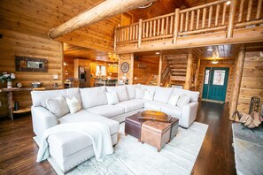 Smart TV, fireplace, books, printers