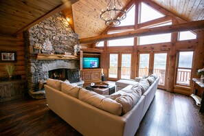 Smart TV, fireplace, books, printers