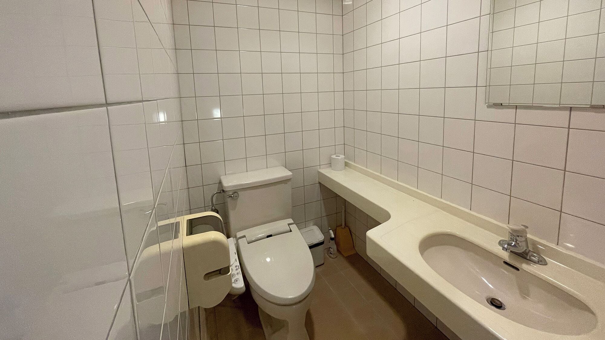 A small, clean bathroom with a toilet, sink, and a mirror above the sink.