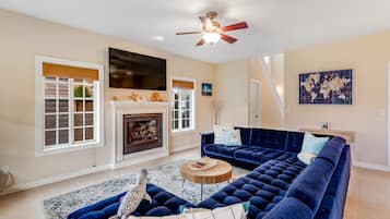 Televisión, chimenea y libros