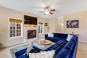 TV, fireplace, books