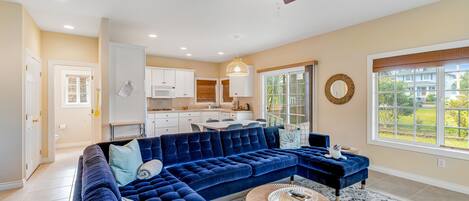 TV, fireplace, books