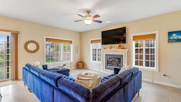 TV, fireplace, books