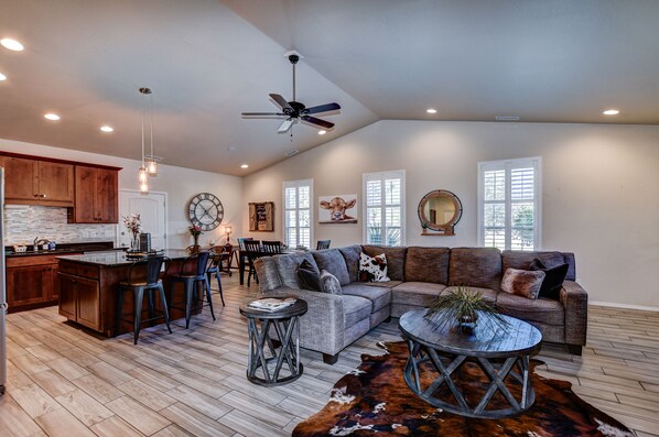 Smart TV, fireplace, books