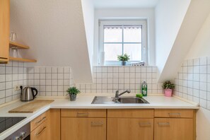 Fridge, oven, stovetop, electric kettle