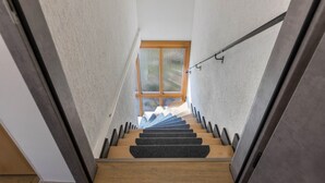 Un escalier avec des marches en bois, une rampe métallique et une fenêtre en haut.