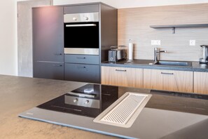 Fridge, microwave, oven, stovetop - Holiday Apartment 'Zeichner' with Mountain View, Balcony & Wi-Fi (Geisingen)