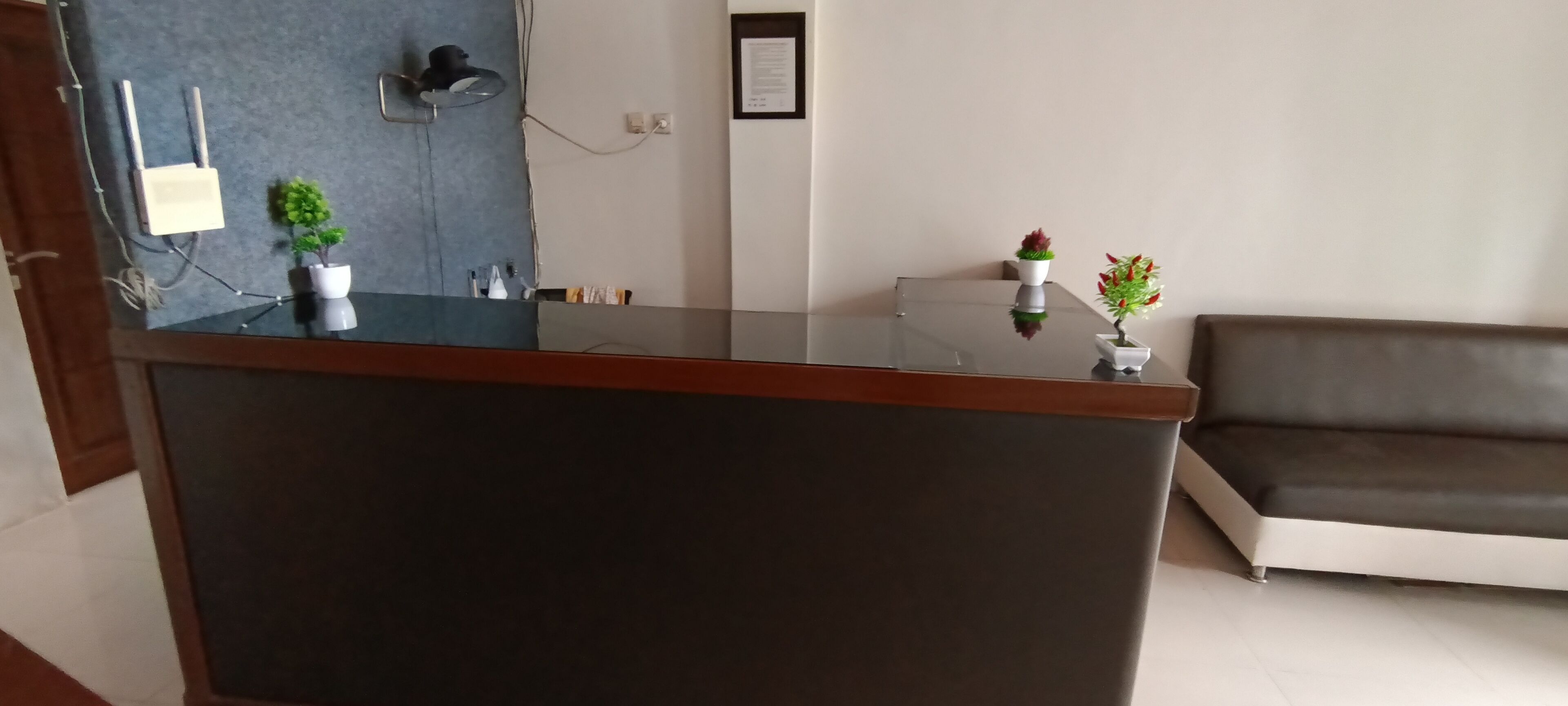 A reception area with a dark reception desk, a small potted plant, a wall-mounted fan, and a framed certificate on the wall.