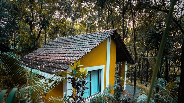 A small yellow building with a tiled roof surrounded by dense tropical foliage.