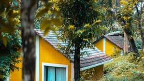 A yellow building with a tiled roof, surrounded by dense foliage and trees.