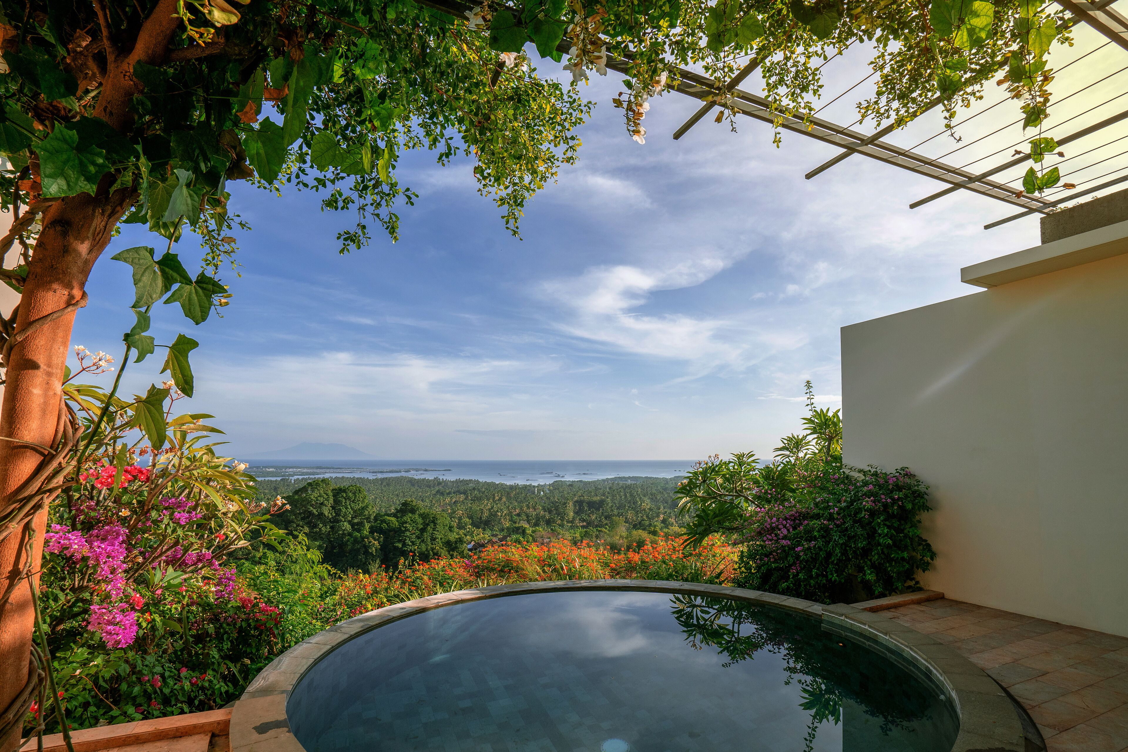 Uma piscina com vista para uma floresta e o oceano.