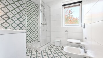 Un baño con ducha, inodoro y lavamanos, con suelo y paredes de azulejos decorativos.