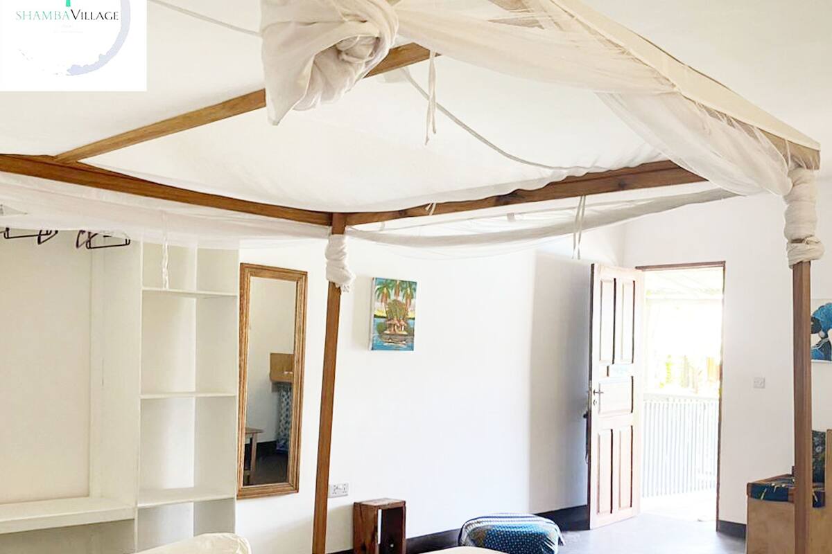 A room with a bed under a canopy, a mirror, a small table, and a door leading outside.