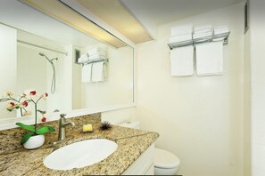 Hair dryer, towels, soap, shampoo