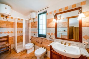 A bathroom with a shower, toilet, bidet, sink, and a large mirror.