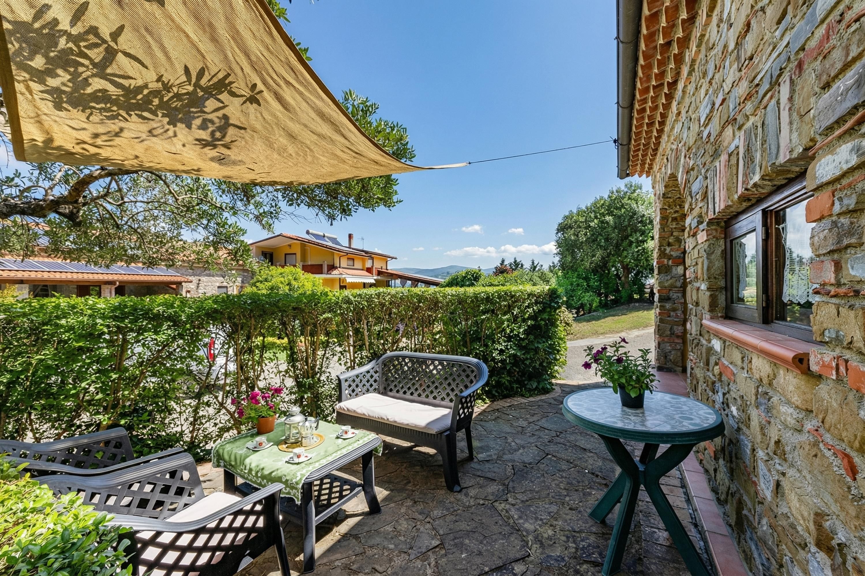 A patio with a table, chairs, and a potted plant.